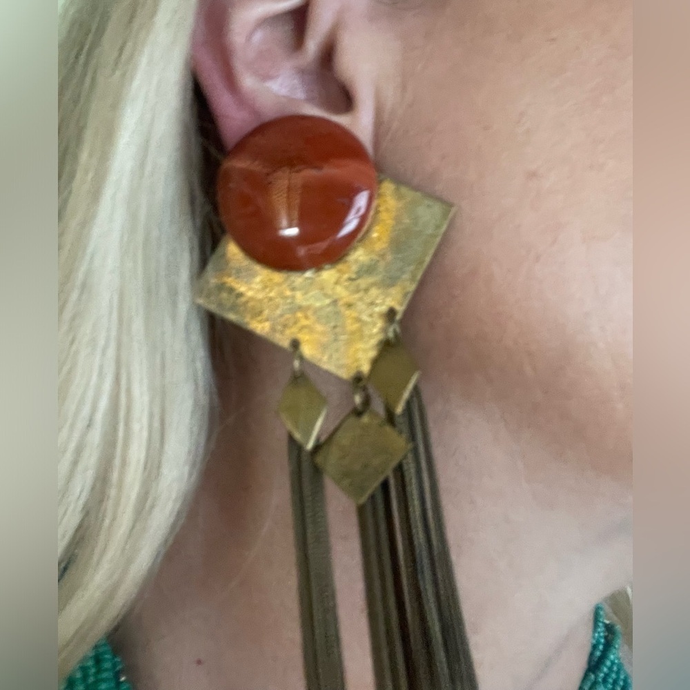Boho Clip-On Metal Stone Earrings Gold w/ Orange - Picture 8 of 8